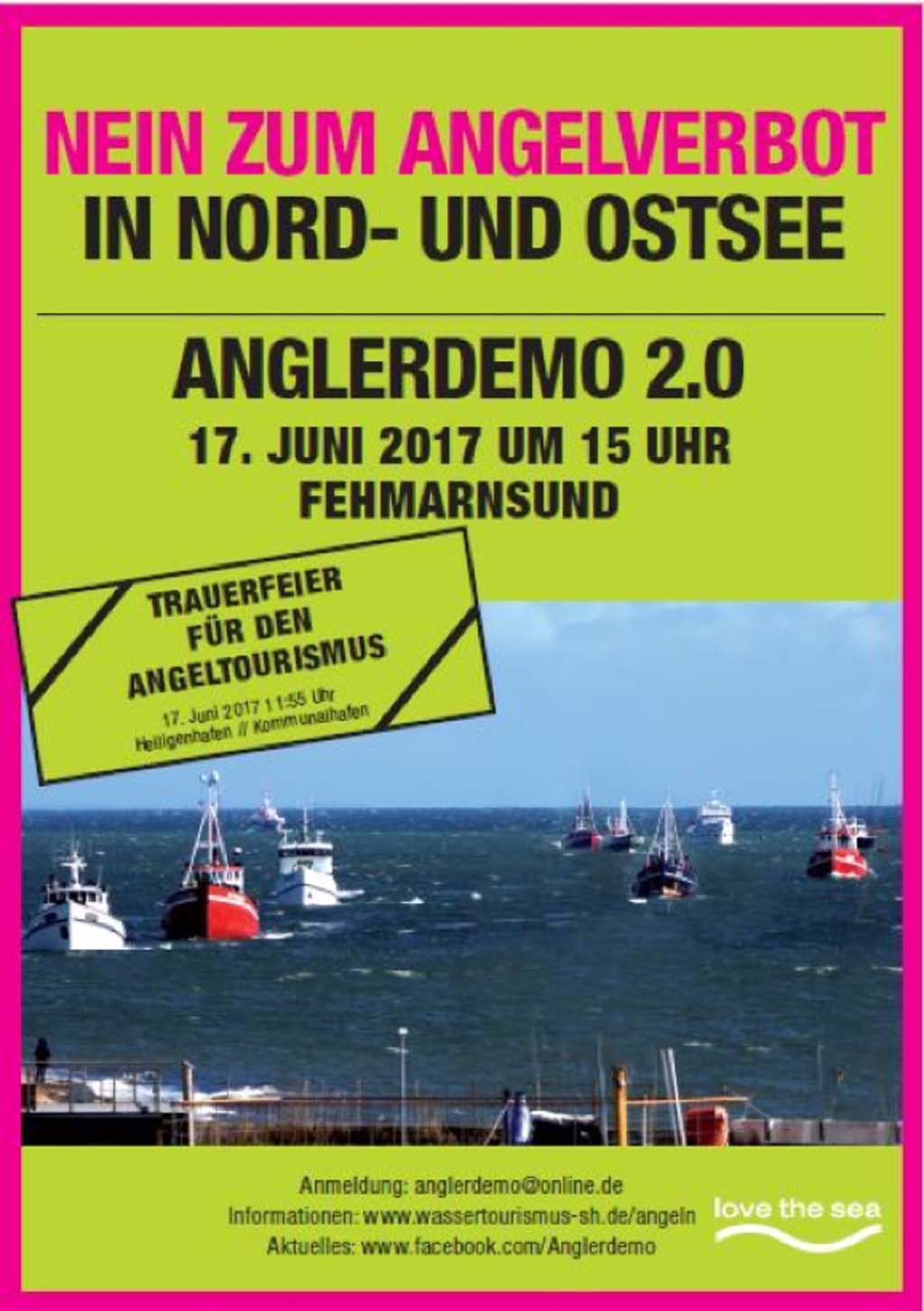 Um gegen das geplante Angelverbot im Fehmarnbelt vorzugehen, findet am 17. Juni die Anglerdemo 2.0 statt. Grafik: Anglerdemo