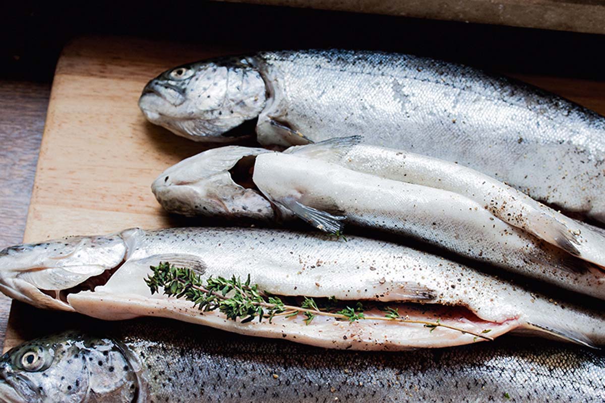 Die Forellen sauber ausnehmen und mit Küchenkrepp innen und außen trocknen. Mit dem Saft einer Zitrone beträufeln, innen und außen salzen und mit frischen und frischen Thymianzweigen würzen. Foto: Artur Jagiello