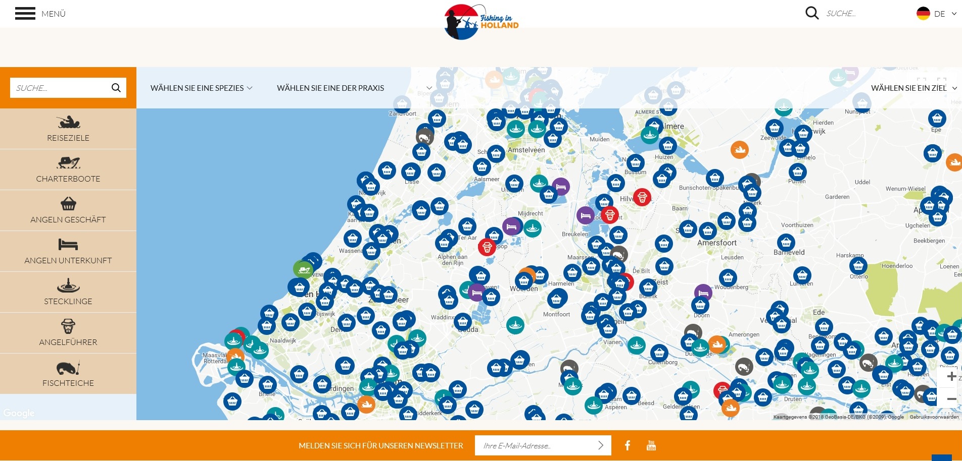 Auf www.fishinginholland.nl findet Ihr eine Karte mit den heißen Spots rund um das Angeln in Holland. Grafik: Google/fishinginholland.nl