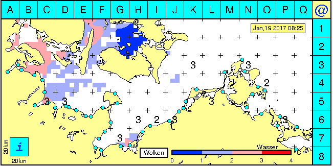 Die Oberflächen-Temperatur der Ostsee, hier am 2. Januar 2017. Die roten Flächen sind das wärmere Wasser, und hier werden Sie mit hoher Wahrscheinlichkeit die Meerforellen finden! Quelle: www.bsh.de