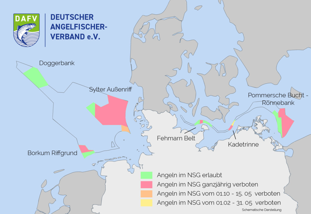 In diesen ausgewiesenen Schutzgebieten der nord- und Ostsee gilt ab dem 28.09.2017 ein Angelverbot. Grafik DAFV