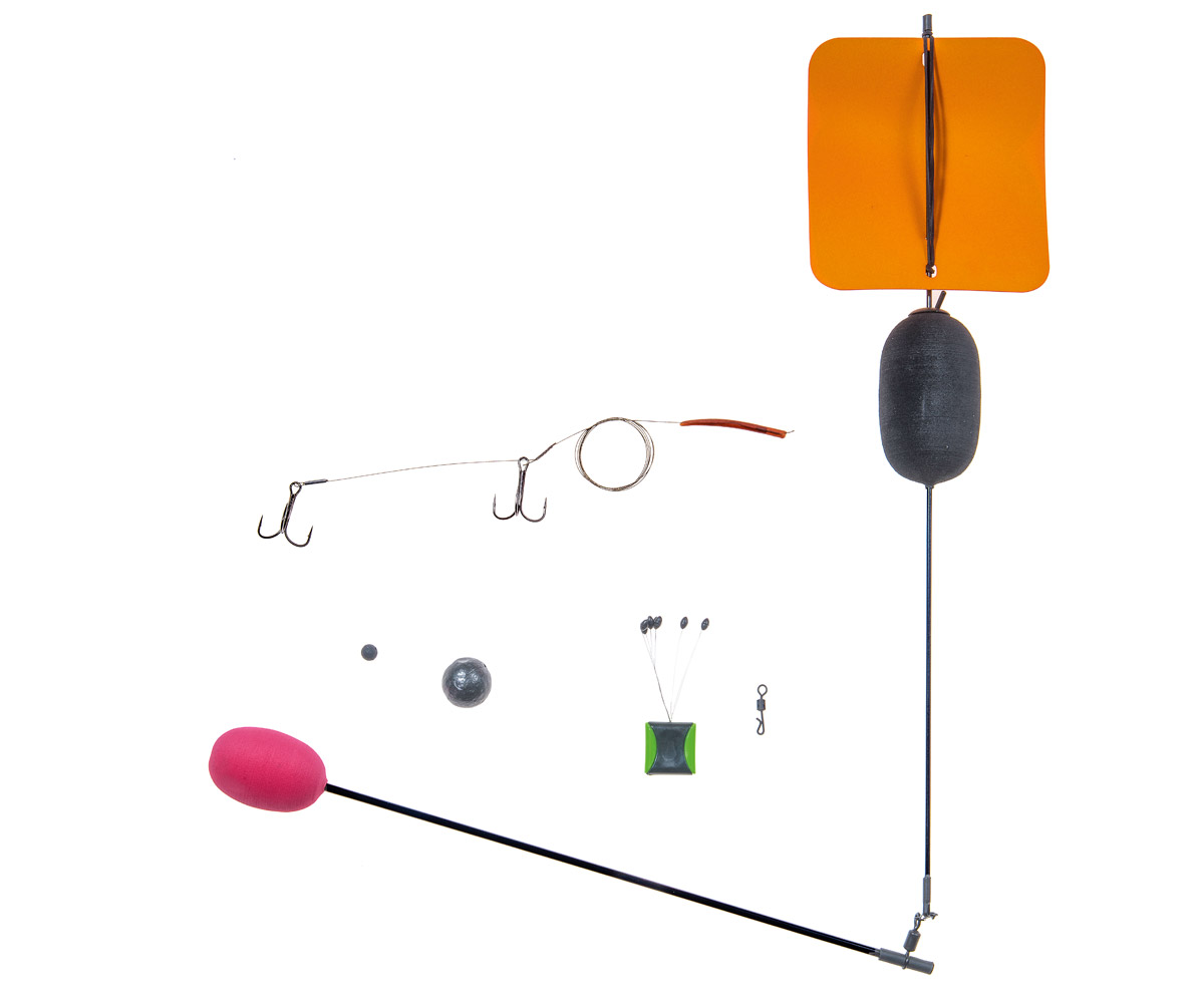 Stopper, Bleikugel, Gummiperle, Segelpose mit Auslegearm, Hakensystem am Stahlvorfach