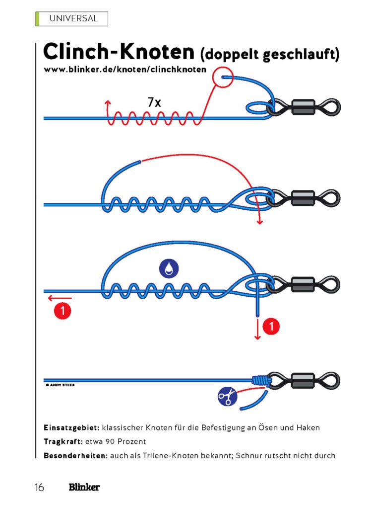 Der Clinchknoten verbindet Schnur und Haken.