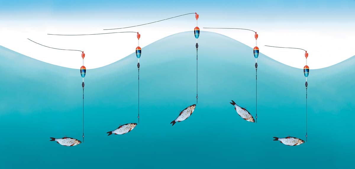 Wind und Wellen sorgen für ein Auf und Ab des Köderfisches an der Pose. Das lässt keinen Hecht kalt. Grafik: Jahnke