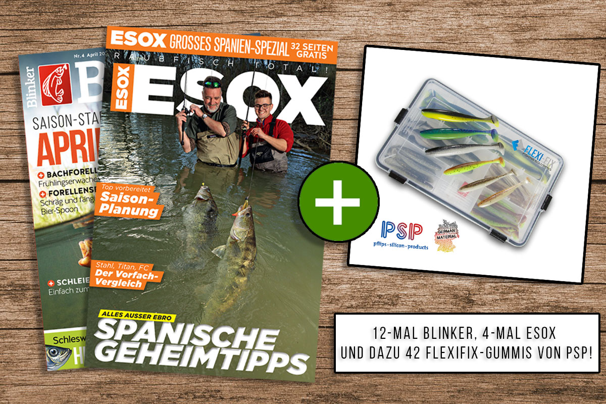 Ein Jahr lang BLINKER lesen, vier Ausgaben ESOX gratis bekommen – und die Flexifix-Köderbox gibt's als Prämie dazu. Das alles zum absoluten Vorteilspreis bei uns im Shop! Bild: BLINKER
