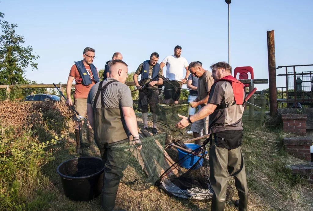Gemeinsam stark: Angler aus verschiedenen Vereinen waren mehrere Tage mit der Rettung der Aale beschäftigt. Foto: LAVB / Marcel Weichenhan