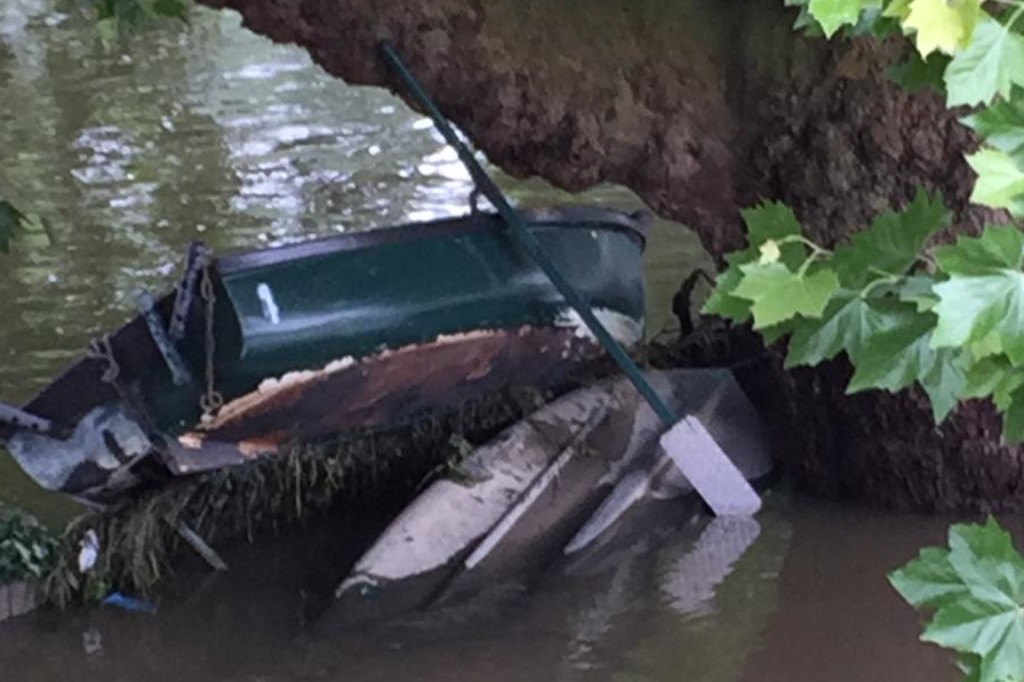Ein kleines Angelboot von dem Hochwasser auf einen Baum aufgelaufen.