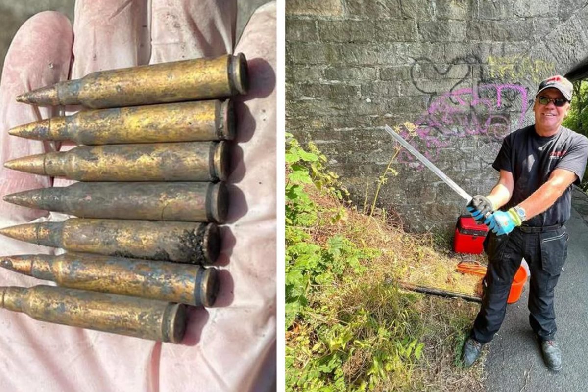 In Schottland fanden Magnetfischer Gewehrmunition und ein „rasiermesserscharfes“ japanisches Schwert – nicht ganz ungefährlich. Foto: J. Pearson (via Facebook)