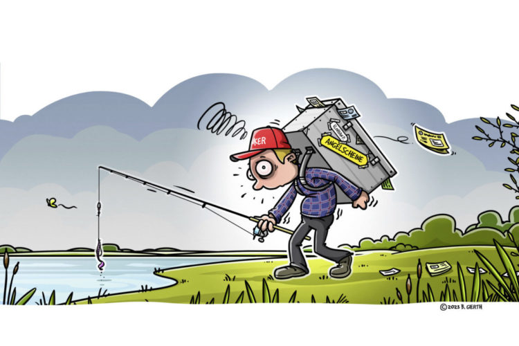 Wer in Deutschland angeln will, braucht für fast jedes Gewässer einen eigenen Angelschein. Diese Zettelwirtschaft ist wirklich belastend, findet Florian Pippardt. Illustration: Bastian Gierth