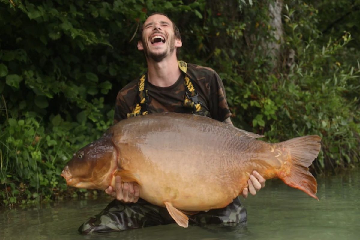 Shane Hull mit „Fudgies“, einem der größten Spiegelkarpfen im französischen „Gigantica“-Paylake. Trotz schlechter Bedingungen wurde der Angler mit einem neuen Personal Best belohnt.