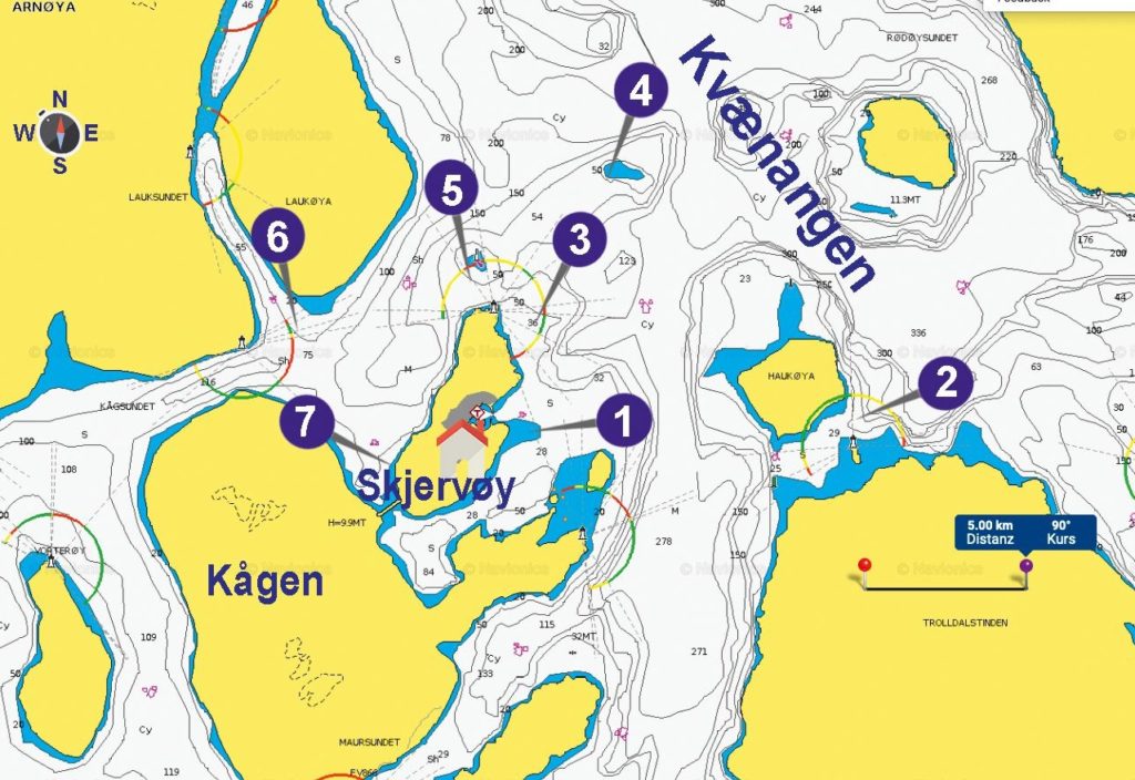 Auf dieser Karte sind die Angelplätze der Reise nach Skjervøy verzeichnet.