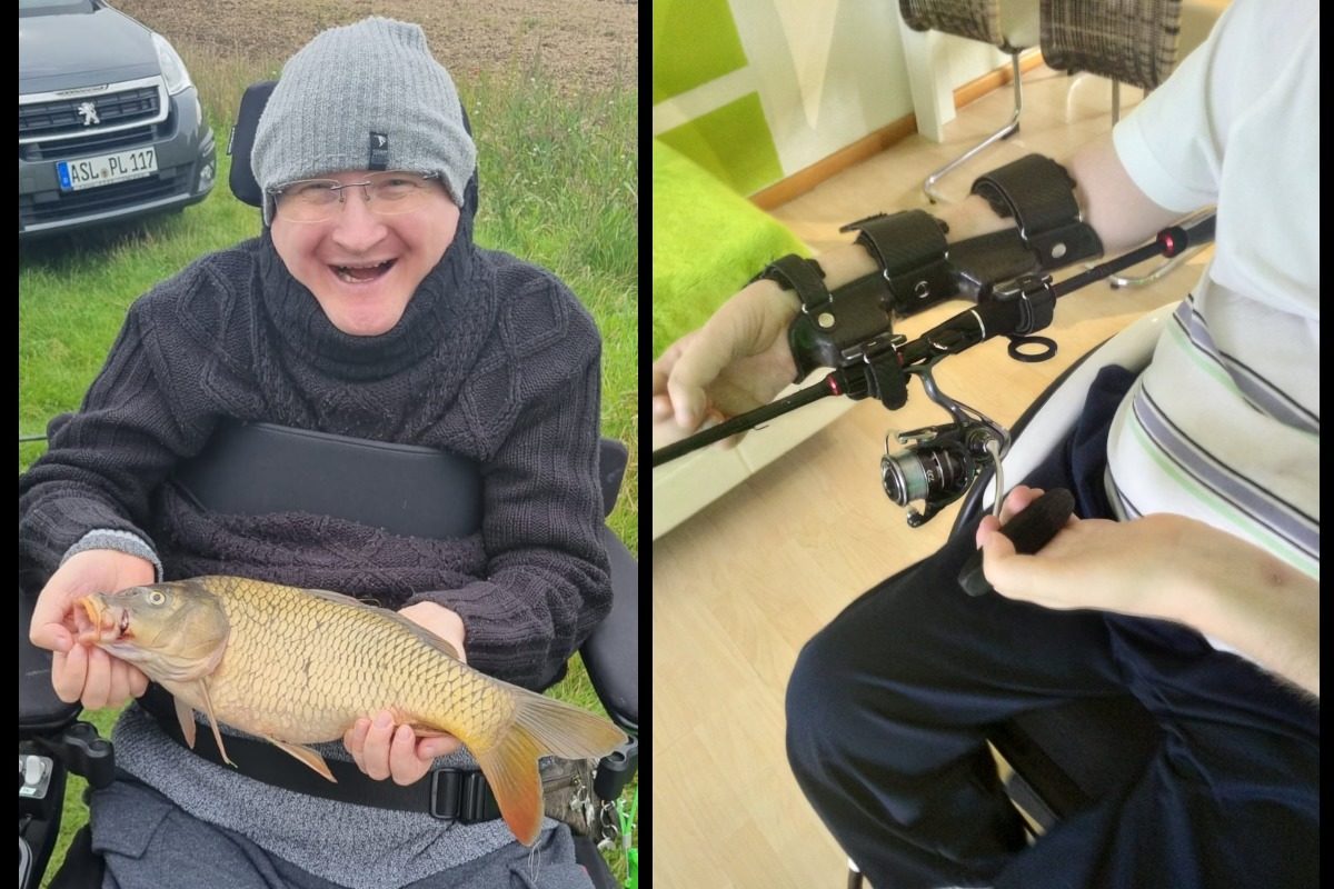 Philipp mit einem 50 cm langen Schuppenkarpfen (links). Dass er auch im Rollstuhl angeln kann, verdankt er seiner Orthese.