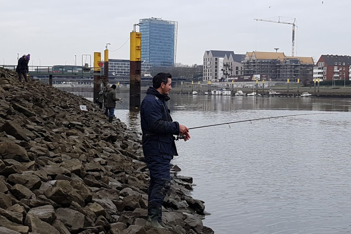 Angler an der Weser in Bremen. Mit dem Stockangelschein darf hier jeder Bürger der Stadt fischen.