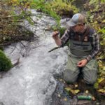 Biologe an einem bedrohten Salmoniden-Gewässer