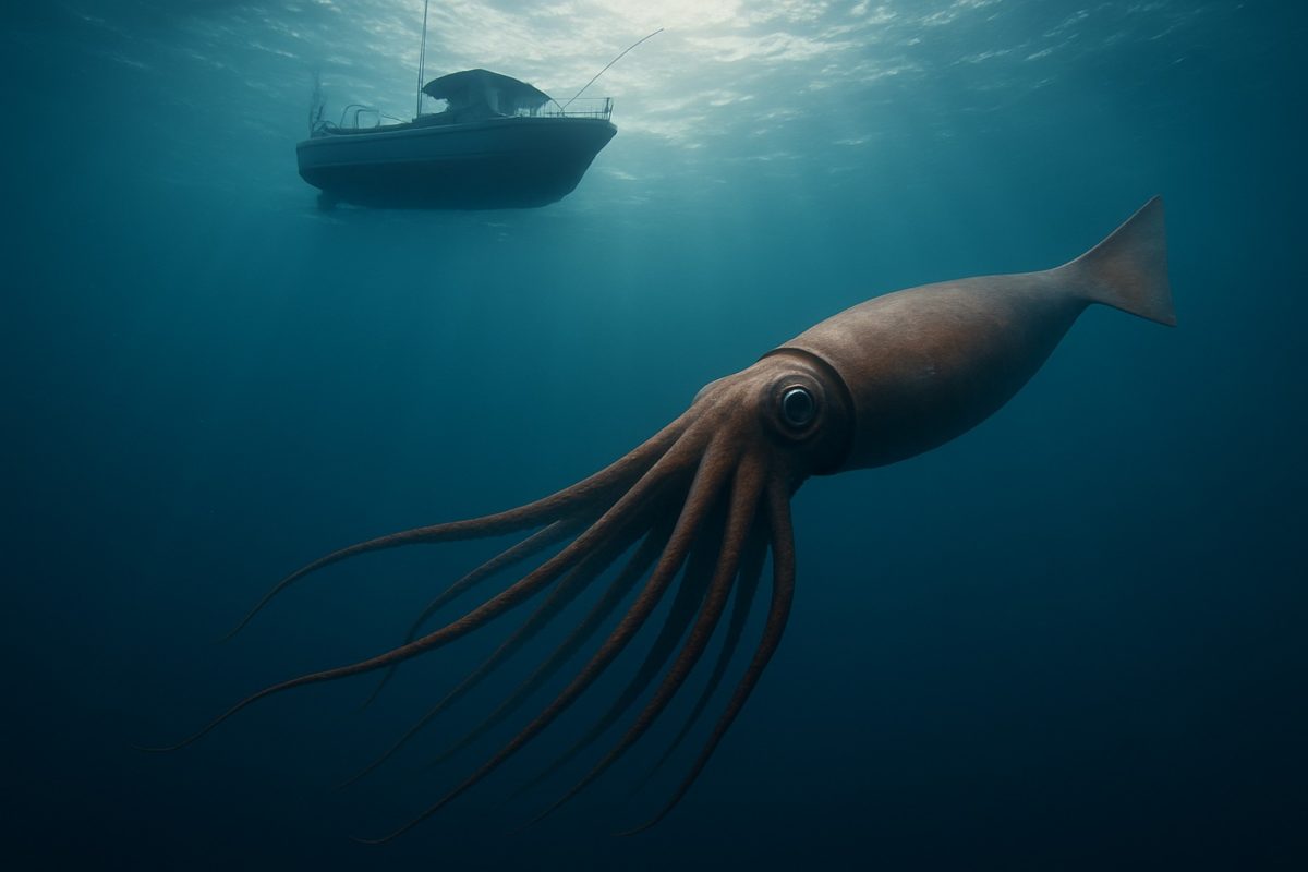 Ein gewaltiger Kalmar, länger als das Boot, länger als ein Schulbus