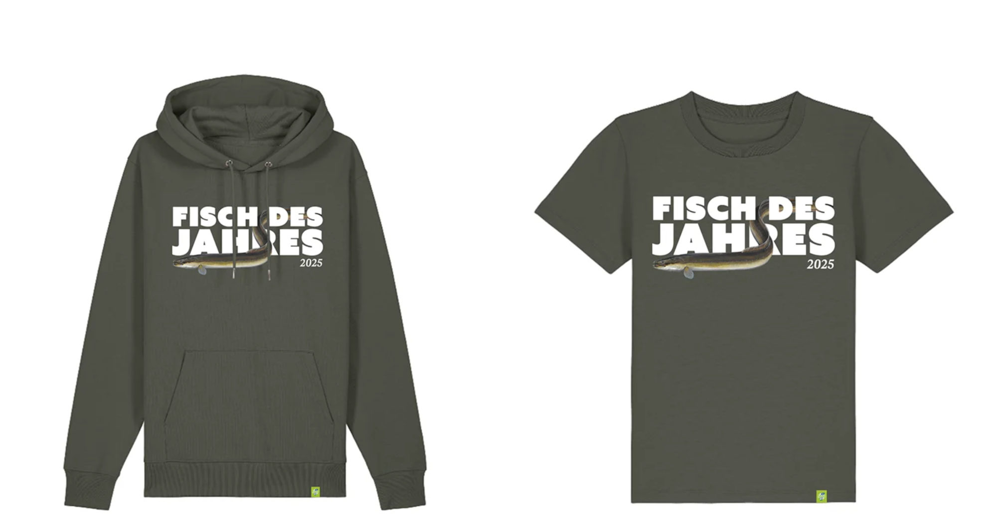 Cooles Design auf gutem Stoff. So sehen sie aus, Hoodie und T-Shirt zum Aal, Fisch des Jahres 2025. 