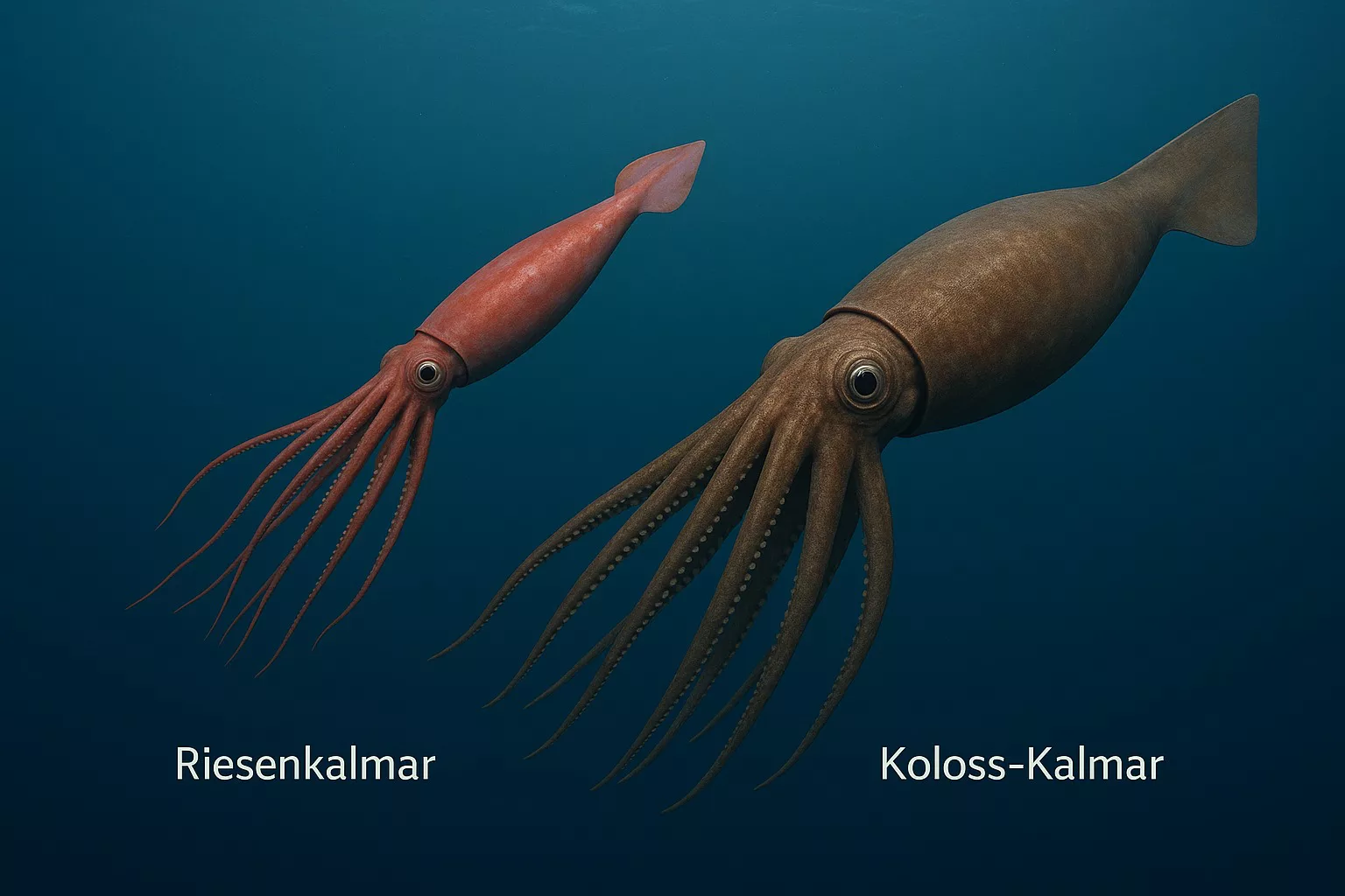 Riesenkalmar und Koloss-Kalmar im Vergleich. Beide werden ähnlich groß, der Koloss-Kalmar wird jedoch schwerer.