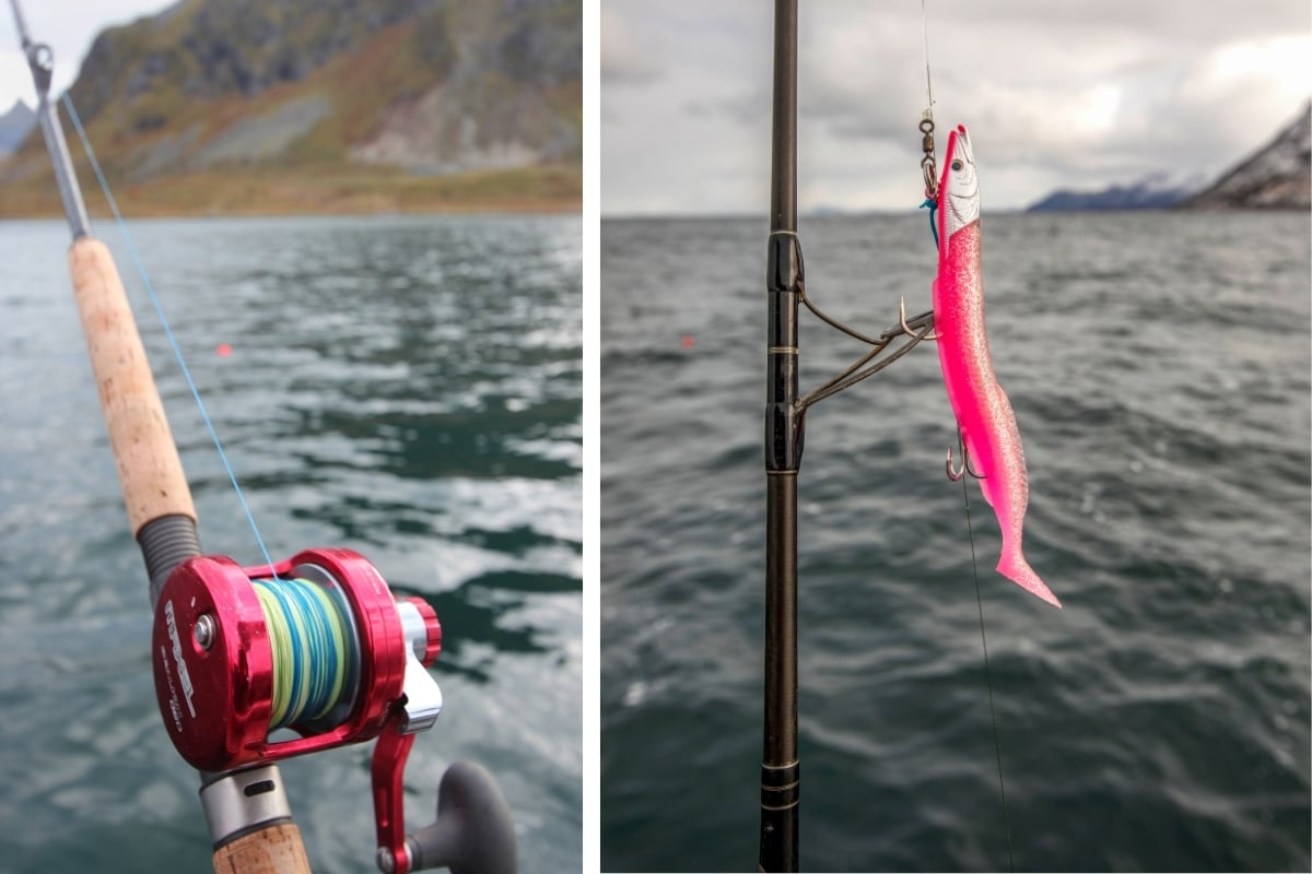 Bunte Schnur und Sandaal-Imitate gehören zur Angelausrüstung für Norwegen