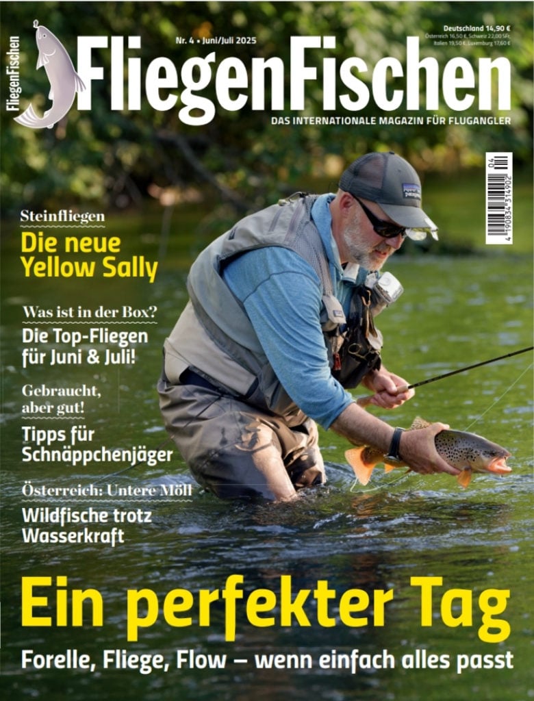Heft-Cover der FliegenFischen 4/2025: Angler setzt Forelle zurück