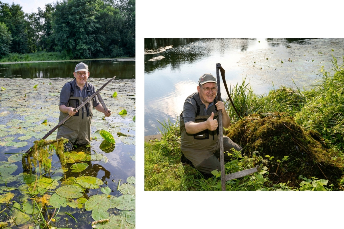 Angler entfernt Kraut mit der Sense