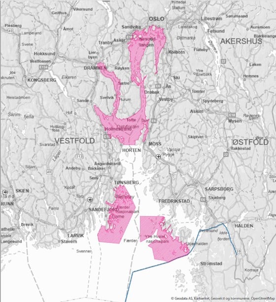 Karte Fischereiverbot / Angelverbot - Nullfischzonen im Oslo-Fjord