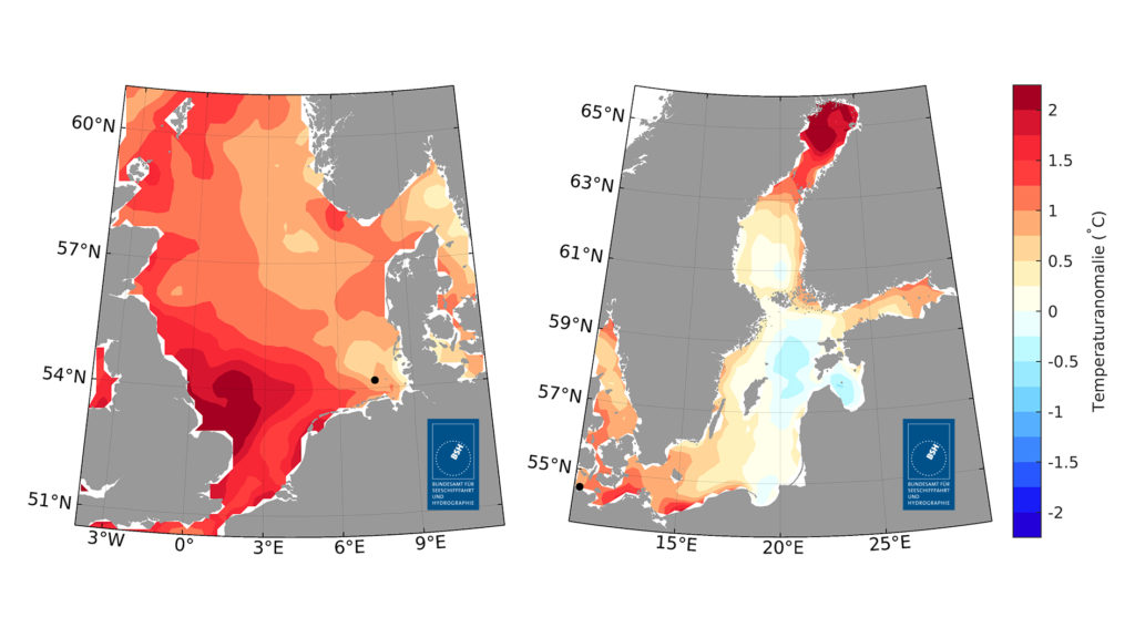 •Abweichung des Sommermittels der Oberflächentemperaturen in 2025 zum langjährigen Sommermittel von 1997 bis 2021 für die Nordsee (links) und für die Ostsee