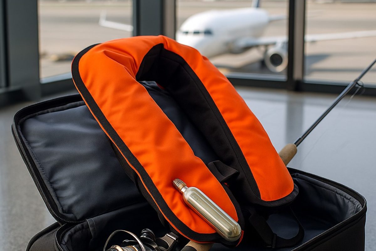 Die Rettungsweste darf im Flugzeug mit ins Fluggepäck. Bei einige Airlines muss die Kartusche jedoch zuvor entnommen und separat transportiert werden, damit die Weste nicht auslösen kann.