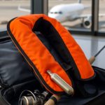 Die Rettungsweste darf im Flugzeug mit ins Fluggepäck. Bei einige Airlines muss die Kartusche jedoch zuvor entnommen und separat transportiert werden, damit die Weste nicht auslösen kann.