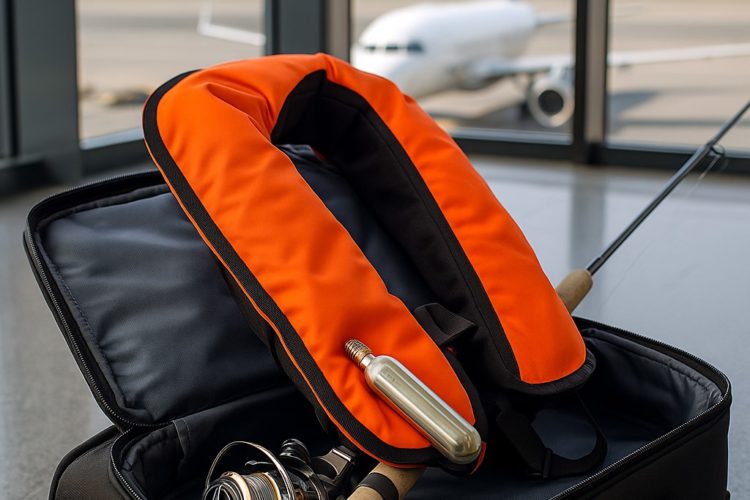 Die Rettungsweste darf im Flugzeug mit ins Fluggepäck. Bei einige Airlines muss die Kartusche jedoch zuvor entnommen und separat transportiert werden, damit die Weste nicht auslösen kann.