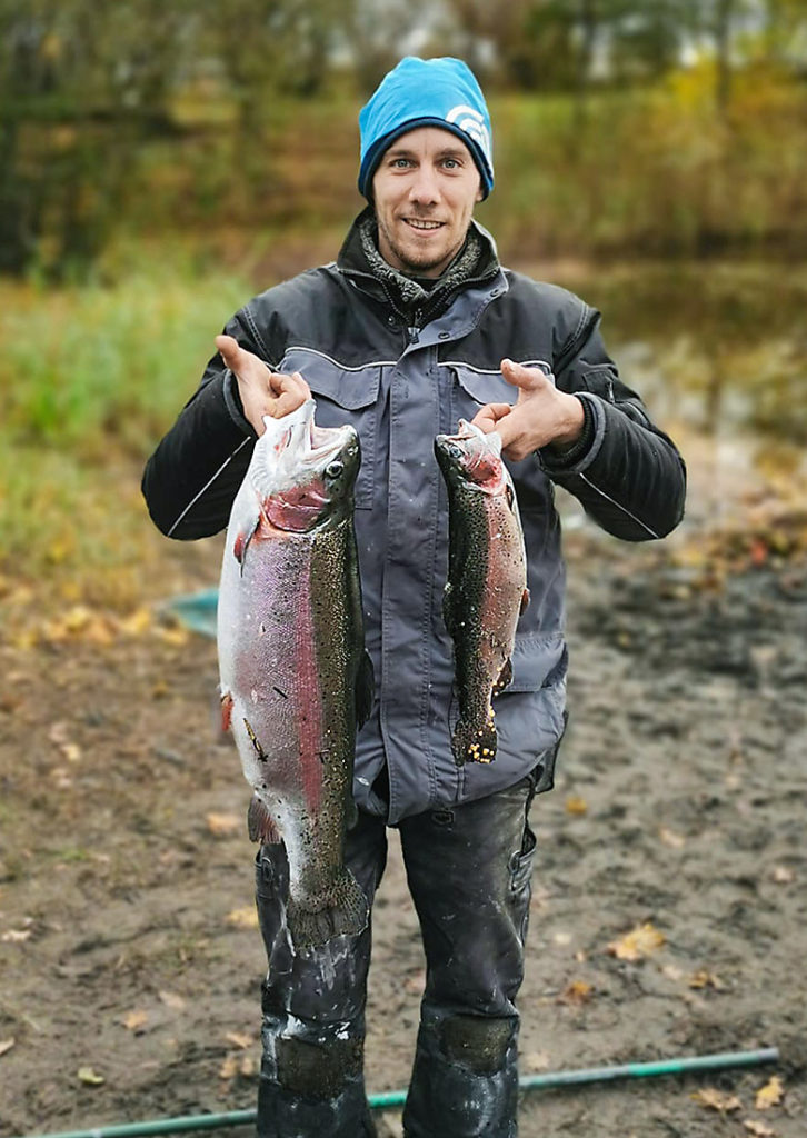 Die Forellen in Barderup stammen aus eigener Zucht und werden in Größen zwischen 0,5 und 12kg besetzt. Goldforellen wie diese gehören zum regulären.
