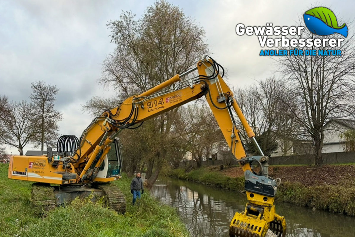 Ein Bagger setzt Störsteine in der Ilm. Die Grundlage für neue Strukturen im Gewässer