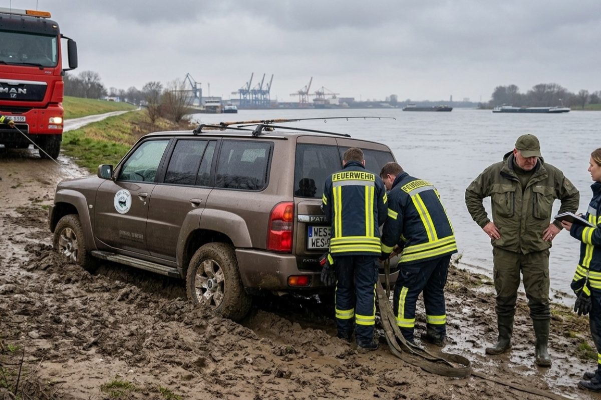 Geländewagen (SUV) eines Anglers steckt tief im Schlamm an einer Flussböschung fest, Feuerwehr im Hintergrund.