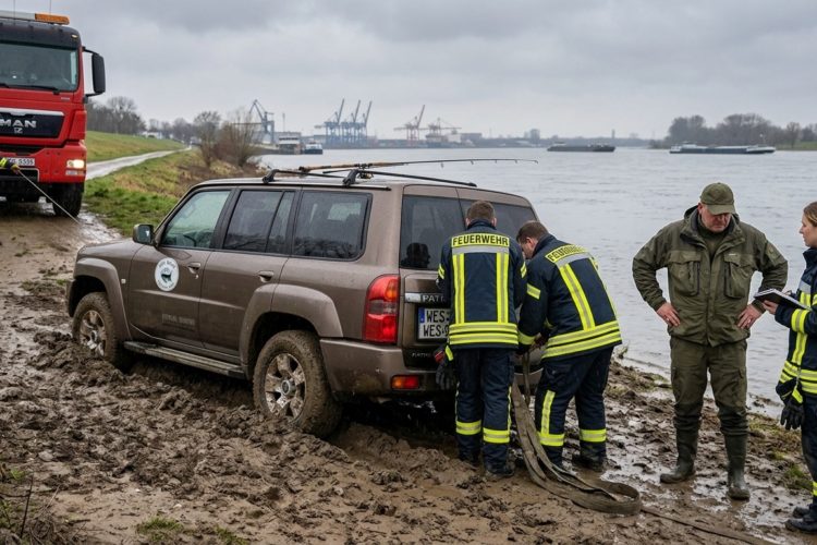 Geländewagen (SUV) eines Anglers steckt tief im Schlamm an einer Flussböschung fest, Feuerwehr im Hintergrund.
