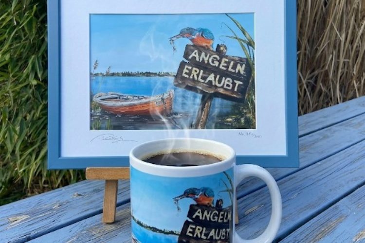 Eisvogel Kunst Thomas Kubitz, Kunstdruck und Kaffeebecher Angeln