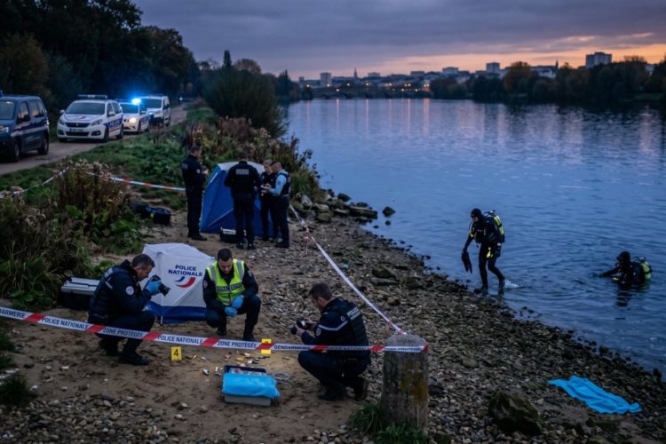Französische Einsatzkräfte der Polizei und Taucher bei der Spurensuche an einem Flussufer. Fokus-Keyword: Angler getötet.