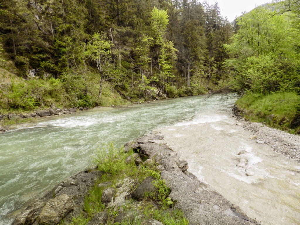 Wasserstand und -Trübung der Berchtesgadener Ache sind recht dynamisch. Ein Grund sind die Zuflüsse, die bei Regen in Nebentälern viel Sediment mit sich führen.