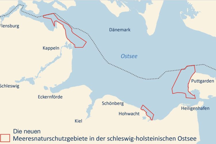 Die 3 neuen Ostseeschutzgebiete (rot gekennzeichnet) - Meeresschutzgebiete in der Ostsee