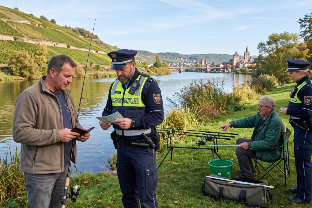 Wasserschutzpolizei überprüft Unterlagen und Angelgerät bei einer Fischereikontrolle am Flussufer