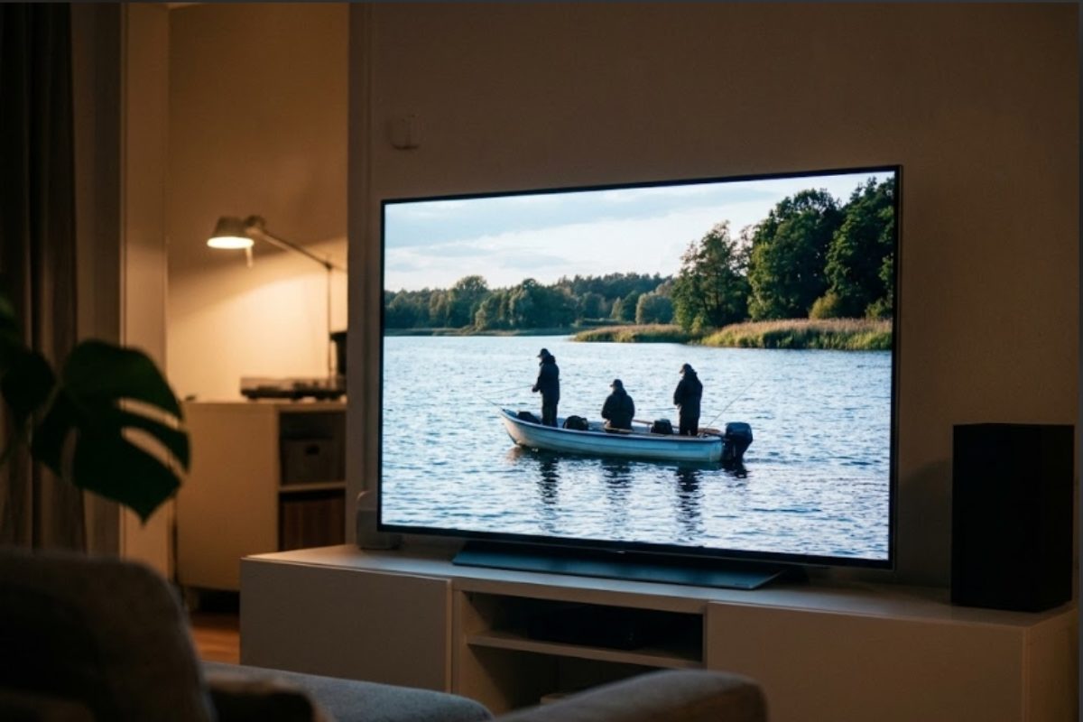 Ein Fernseher im Wohnzimmer zeigt eine Angelsendung mit drei Anglern in einem Boot auf einem See.