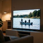 Ein Fernseher im Wohnzimmer zeigt eine Angelsendung mit drei Anglern in einem Boot auf einem See.