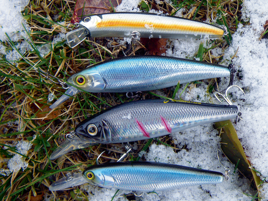 Vier für Hecht: Vier Suspender, die sich im Winter bewährt haben (von oben): Jason 90, Illex SquadMinnow, Savage Gear Prey Lure, Illex Squirrel 76.