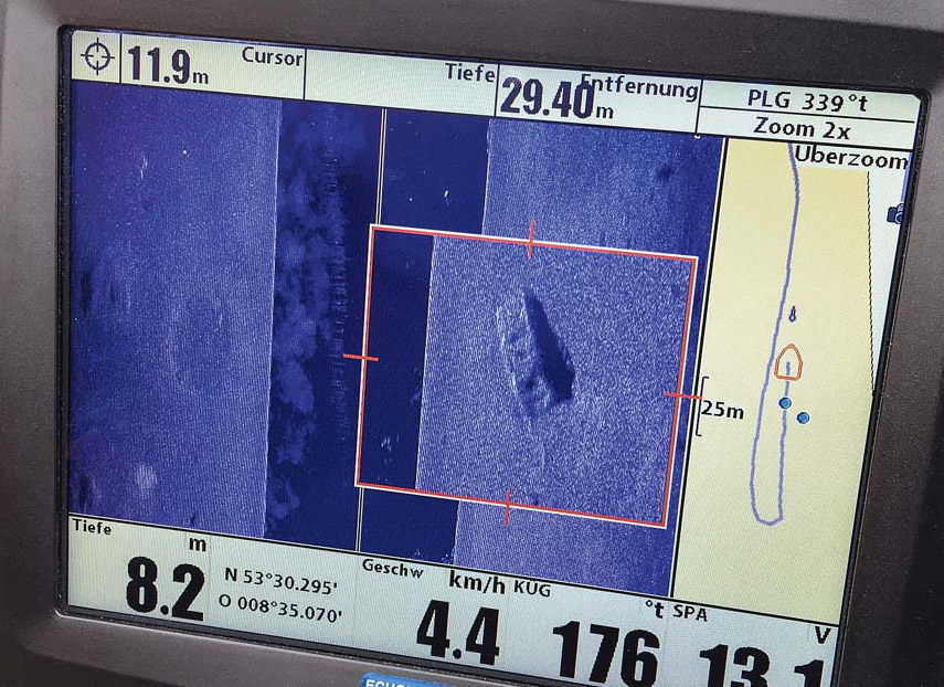 Beim Test konnte dieses Autowrack auf dem Sidescan-Echolot ausfindig gemacht werden. Foto: Echolotzentrum Schlageter