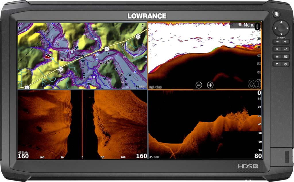 Dieses Modell zeigt alle möglichen Darstellungen auf einen Blick: oben links: Seekarte mit markierten Wegpunkten; oben rechts: Downscan mit Fischsymbolen; unten links: Sidescan; unten rechts: Downscan mit Bodenstruktur.