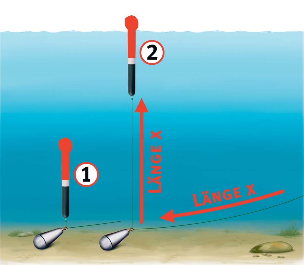 In dem man Schnur nachgibt, lässt man die Pose Stück für Stück auftreiben. Sobald die Antennenspitze die Wasseroberfläche durchbricht, weiß man durch Markierungen auf Rute oder schnur die Tiefe. Grafik: Jahnke/BLINKER